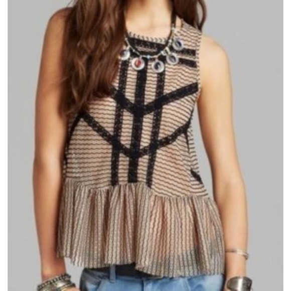 Free People Striped Sleeveless Open Back Lace Trim Peplum Top ~ XS / Extra Small - Picture 3 of 10